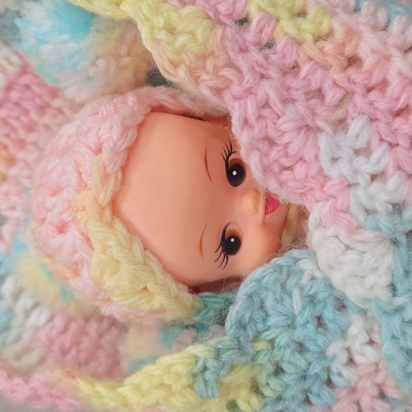 Vintage Pastel Crocheted Baby Doll Lovey Blanket Toy - Picture 1 of 12